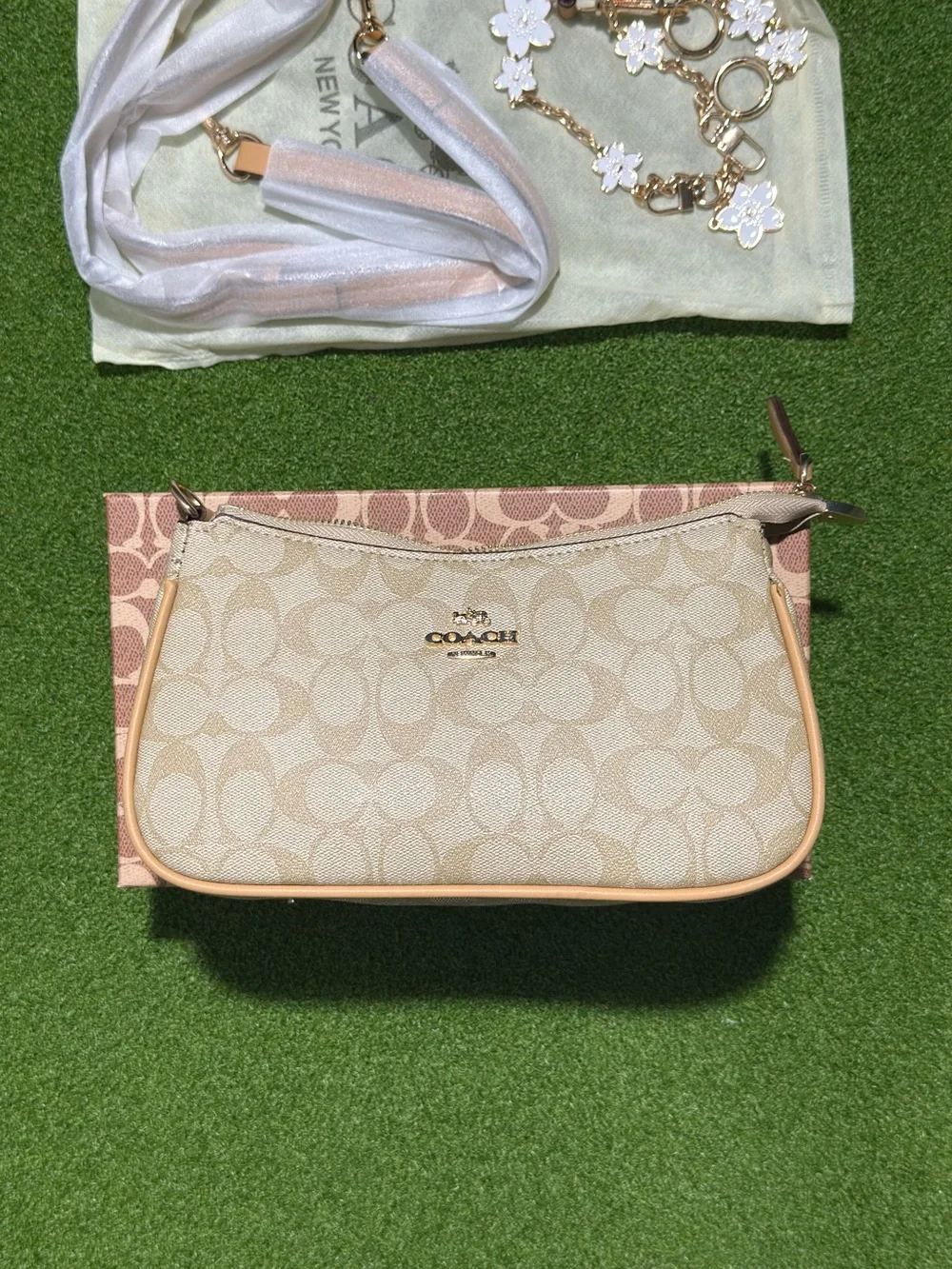 Coach Beige Signature Canvas Crossbody with Floral Charm